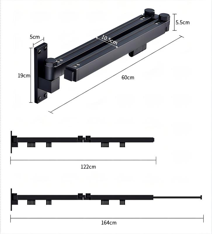 Retractable Laundry Rod，Space Aluminum，Black，5.5*10.5*60CM
