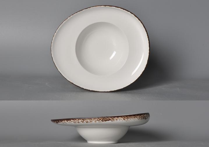 Moss Series Brown Color Rim Soup Plate 9.5&quot; Flat Wide Edge Sopu Plate