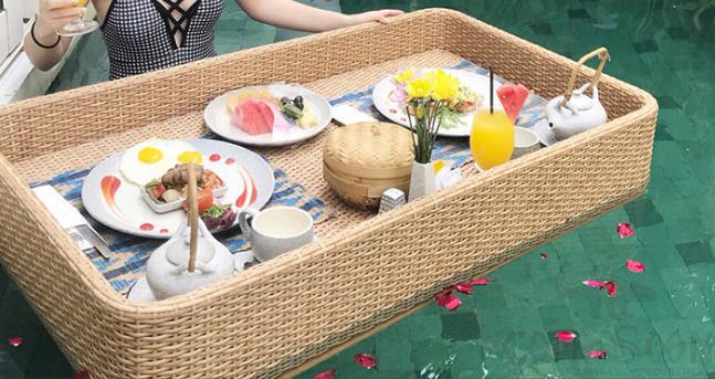 Swimming pool floating table-150*50cm,metal frame + imitation rattan,150*50*20cm