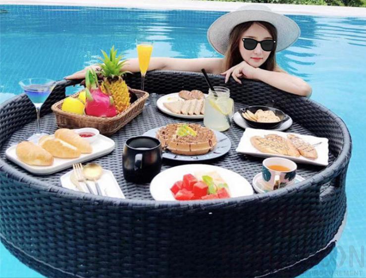 Swimming pool floating table-φ80cm,metal frame + imitation rattan,φ80*20cm