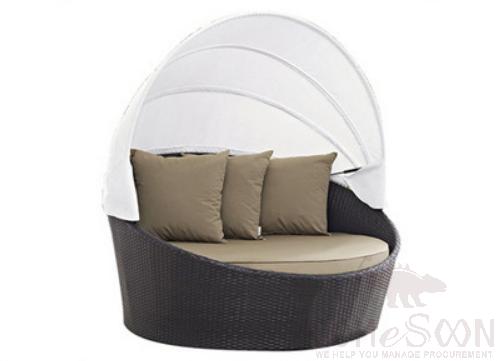 Outdoor lying bed-φ150cm,PE rattan + metal frame + waterproof cloth + high-density sponge + waterproof cloth canopy,φ150*139cm