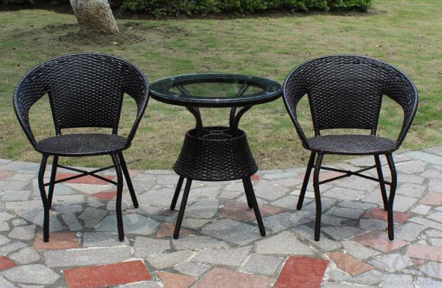 Outdoor table and chair,wrought iron frame + PE rattan+ glass,60*60*76cm