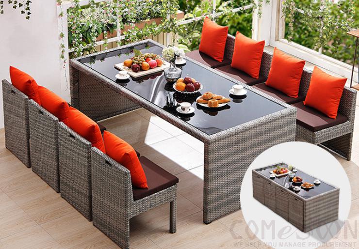 Outdoor table and chair,bold metal frame + PE rattan + high resilience sponge+ glass,,210*100*75cm
