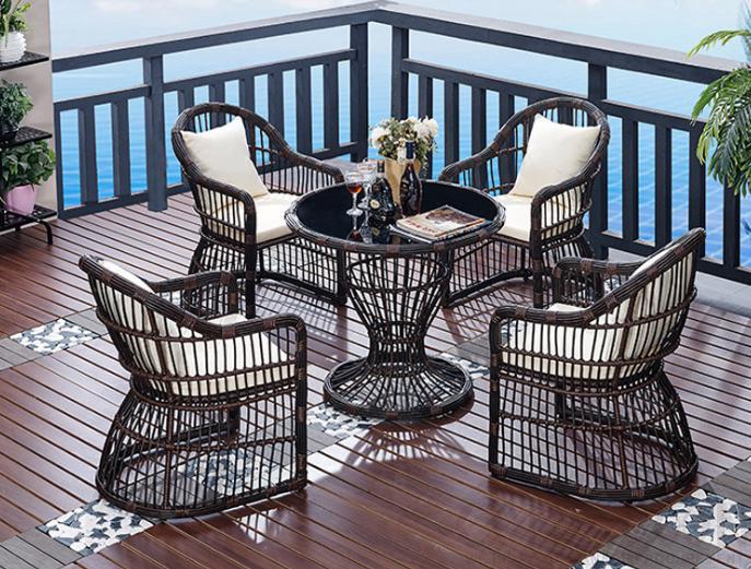 Outdoor table and chair,thick metal frame + PE rattan + high density sponge cushion + tempered glass,φ90*77cm