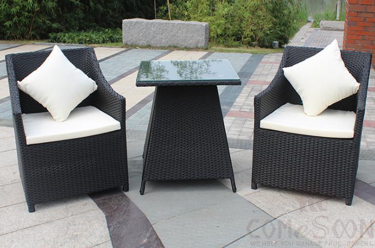 Outdoor table and chair,wrought iron frame + PE rattan + high density sponge cushion+ tempered glass,62*58*82cm