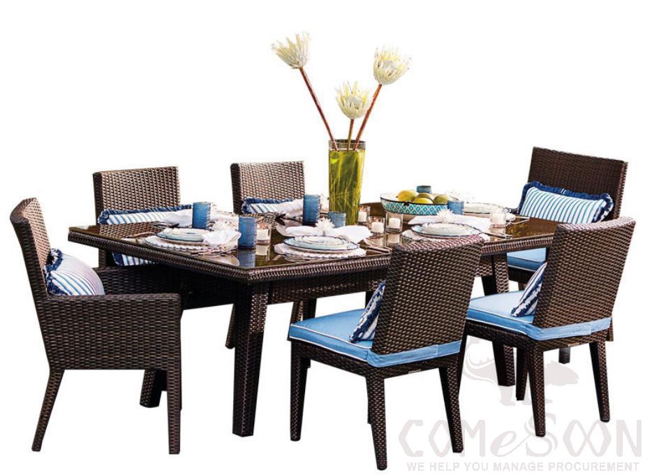 Outdoor rattan tables and chairs,metal bracket + PE rattan + sponge cushion + quick-drying cloth+ tempered glass,160*80*72cm