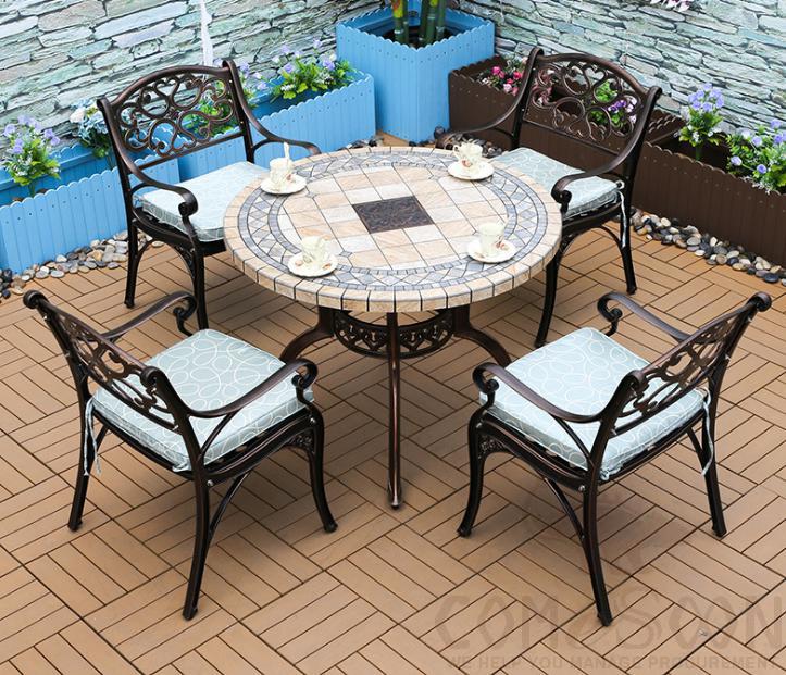 Outdoor cast aluminum tables and chairs