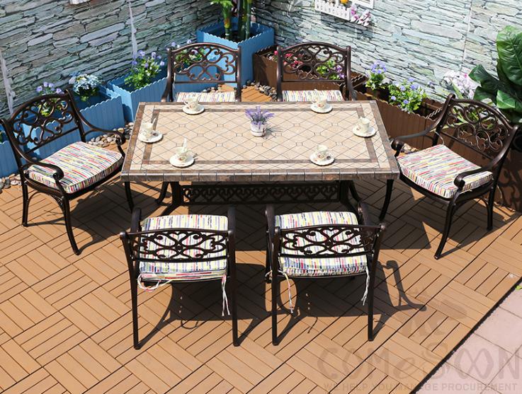 Outdoor cast aluminum tables and chairs
