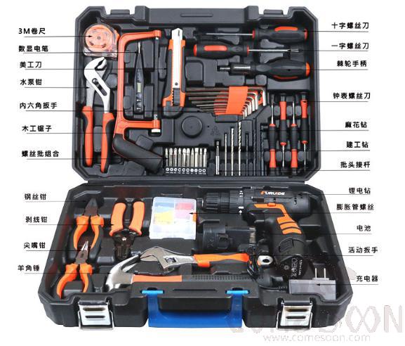 Two-Speed Rechargeable Handheld Electric Drill 12V Set 112 Piece, One Lithium Battery,Engineering Grade Plastic + High Carbon Steel,29.5*24.5*9Cm