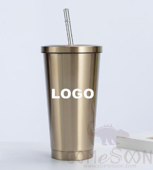 S/S Straw Cup Water Mug w/logo 500ml golden