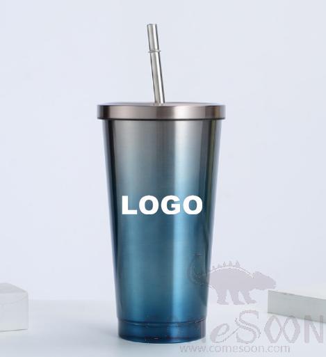 S/S Straw Cup Water Mug w/logo 500ml blue