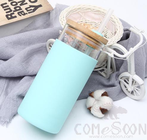 Glass Straw Cup bamboo lid 550ml blue