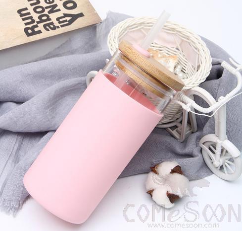 Glass Straw Cup bamboo lid 550ml pink