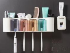 Wall-Mounted Four-Tier Toothbrush Holder (With Toothpaste Squeezer),PP,5.5*6.5*11cm