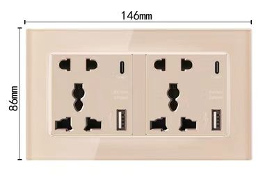 Double 5 pin Socket switch grey Champagne gold Tempered glass
