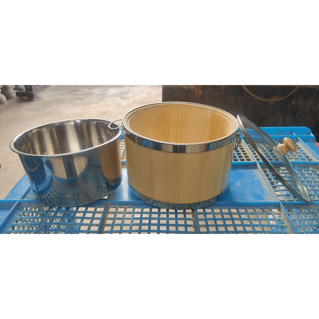 Wooden bucket with stainless steel lining and glass cover, diameter 22cm