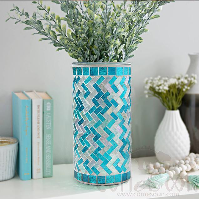 Straight body mosaic glass vase, light blue