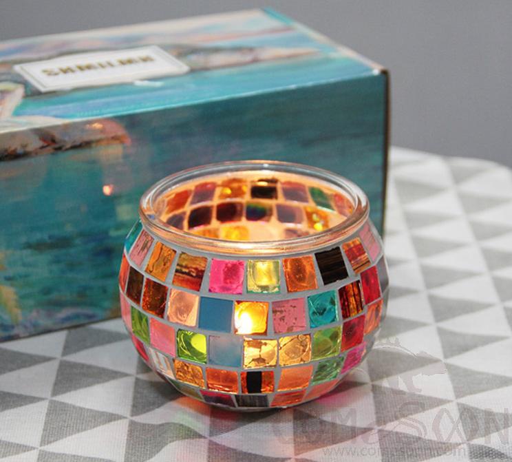 Rainbow mosaic glass candlestick, 7 * 8 * 10.5cm