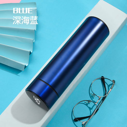 Customized Thermos Bottle, Display temperature, 500ml, S/S 304, Royal Blue（Flat paint), With two  customized white logos