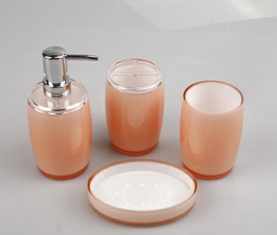 Triangle four-piece set，PS，pinkish-orange，Soap dispenser bottle of 7.3 * 17.5 cm;
Toothbrush holder 7.3 * 11.5 cm;
Mouthwash cup 7.3 x 11 cm;
Soap dish of 13.4 * 9.8 * 2.5 cm