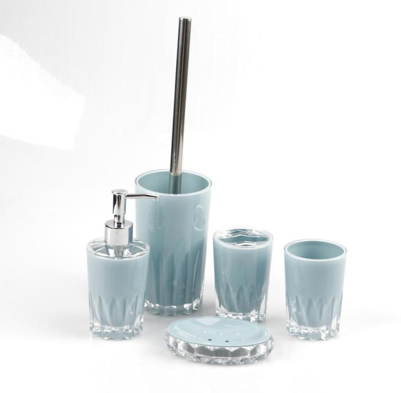 Drum Soap dish，PS，blue，Soap dispenser bottle of 7.5 * 17.5 cm;
Toothbrush holder 7.5 * 10.8 cm;
Mouthwash cup 7.5 * 10.5 cm;
Soap dish of 12.5 * 9.8 * 2.5 cm;
Toilet brush 9.6 * 39 cm