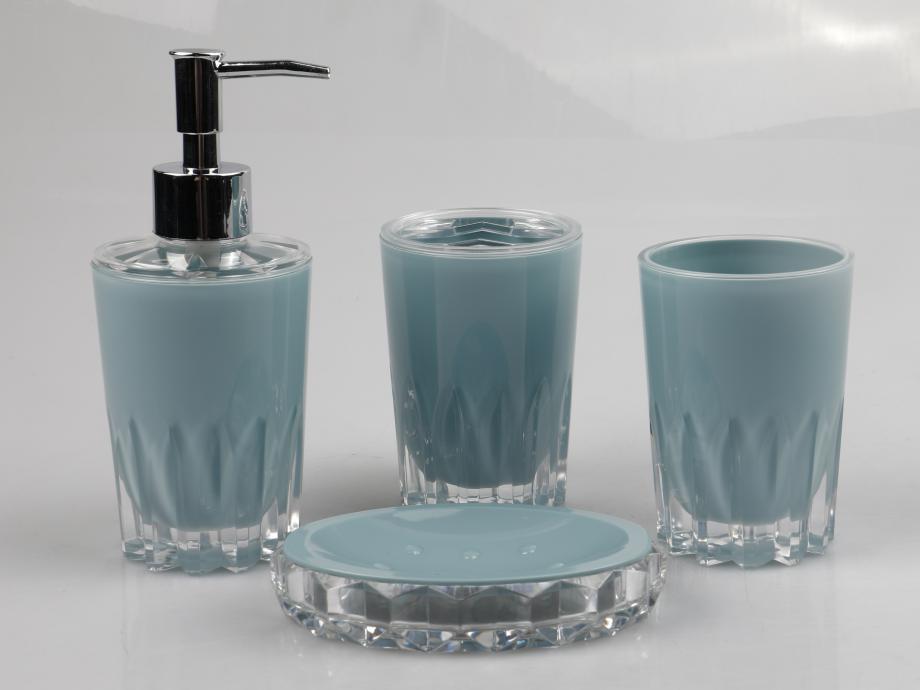 Drum toilet brush，PS，blue，Soap dispenser bottle of 7.5 * 17.5 cm;
Toothbrush holder 7.5 * 10.8cm;
Mouthwash cup 7.5 * 10.5cm;
Soap dish of 12.5 * 9.8 * 2.5cm