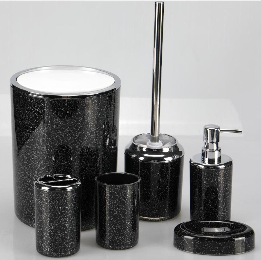 Rhomboid check Soap dish，PS，black，Soap dispenser bottle of 7.4 * 17.5 cm;
Toothbrush holder 7.3 * 11.5 cm;
Mouthwash cup 7.3 x 11 cm;
Soap dish 9 * 12.8 * 2.8 cm;
Toilet brush 10.5 * 38.2 cm;
Dustbin 18.3 * 24 cm