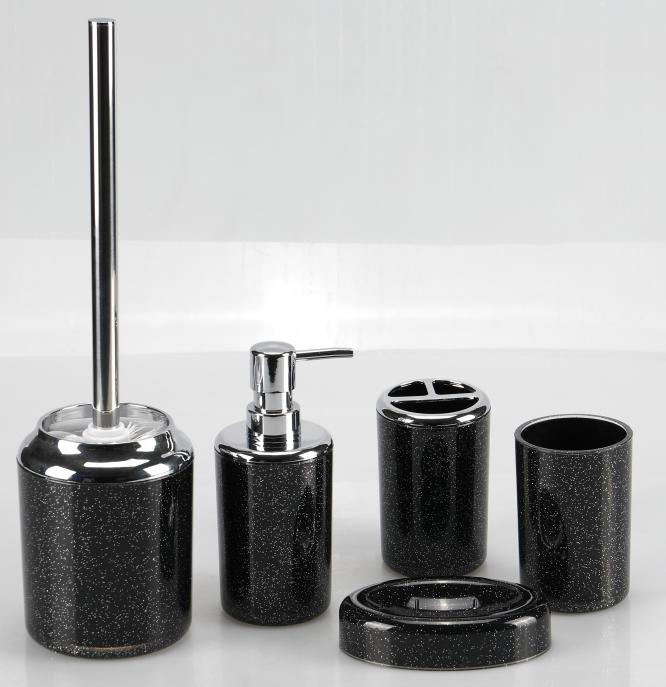 Rhomboid toilet brush，PS，black，Soap dispenser bottle of 7.4 * 17.5 cm;
Toothbrush holder 7.3 * 11.5cm;
Mouthwash cup 7.3 x 11 cm;
Soap dish 9 * 12.8 * 2.8 cm;
Toilet brush 10.5 * 38.2 cm