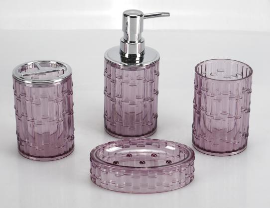 Electroplated pearlescent trash can，PS，purple，Soap dispenser bottle of 7.4 * 17.2 cm;
Toothbrush holder 7.4 * 11.3 cm;
Mouthwash cup 7.4 x 11 cm;
Soap dish 9 * 12.8 * 3.2 cm