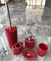 Round Soap dish，PS，red，Soap dispenser bottle 10.5 * 16 cm;
Toothbrush holder 10.5 * 10.5 cm;
Mouthwash cup 8 * 10 cm;
Soap dish 9 * 12.7 * 2.5 cm;
Toilet brush 9.4 * 43 cm