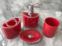 Round toilet brush，PS，red，Soap dispenser bottle 10.5 * 16 cm;
Toothbrush holder 10.5 * 10.5 cm;
Mouthwash cup 8 * 10 cm;
Soap dish 9 * 12.7 * 2.5 cm