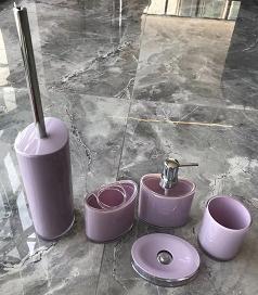 Round Soap dish，PS，purple，Soap dispenser bottle 10.5 * 16 cm;
Toothbrush holder 10.5 * 10.5 cm;
Mouthwash cup 8 * 10 cm;
Soap dish 9 * 12.7 * 2.5 cm;
Toilet brush 9.4 * 43 cm