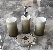 Flat round toilet brush，PS，grey，Soap dispenser bottle of 16.8 * 16.8 cm;
Toothbrush holder 6.8 * 12.3 cm;
Mouthwash cup 6.8 * 12 cm;
Soap dish 13 * 2.5 * 2.5 cm