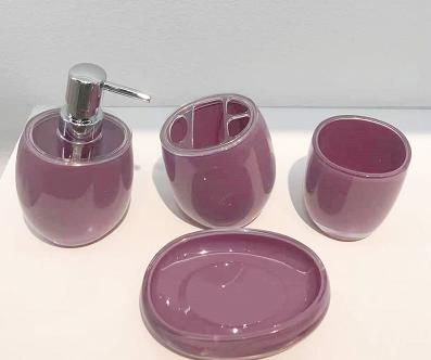 Conical toilet brush，PS，purple，Soap dispenser bottle 8.5 * 7 * 17.5 cm;
Toothbrush holder 8.5 * 7 * 11 cm;
Mouthwash cup 7.8 * 7.2 * 8.5 cm;
The Soap dish of 13.8 * 9.5 * 2.8 cm