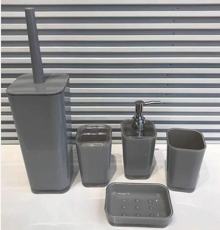 Soap dish，PS，grey，Soap dispenser bottle 7 * 17.5 cm;
Toothbrush holder 7 * 11 cm;
Mouthwash cup 7 * 10.5 cm;
Soap dish 10.8 * 7.8 * 2.8 cm;
Toilet brush 9.5 * 35.5 cm