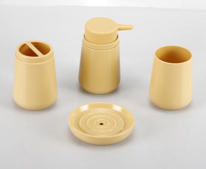 Toilet brush，PS，yellow，Soap dispenser bottle 7.8 * 13 cm;
Toothbrush holder 7.8 x 11 cm;
Mouthwash cup 7.8 * 9.6 cm;
Soap dish 11 * 2.5 cm