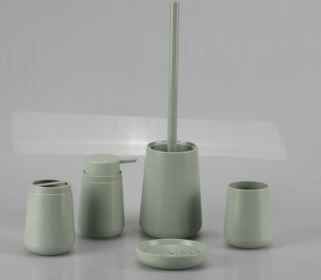 Soap dish，PS，green，Soap dispenser bottle 7.8 * 13 cm;
Toothbrush holder 7.8 x 11 cm;
Mouthwash cup 7.8 * 9.6 cm;
Soap dish 11 * 2.5 cm;
Toilet brush 10.5 * 39 cm