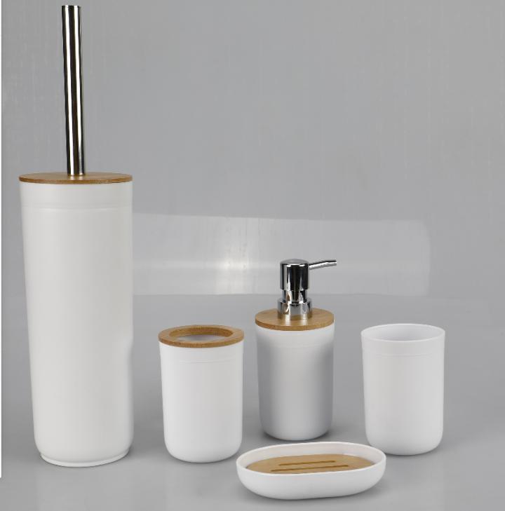 Cylindrical four-piece set，PS + bamboo，white，The soap dispenser bottles of 7.5 * 16.8 cm;Toothbrush holder 7.5 * 11.2 cm;Mouthwash cup 7.5 * 10.8 cm;Soap dish 12.3 * 9.2 * 2.5 cm;Toilet brush 9.2 * 43 cm