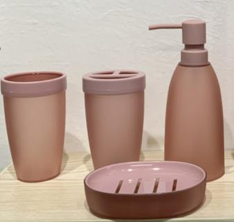 Bamboo toothbrush holder，AS，pink，Soap dispenser bottle 7.5 * 19 cm;
Toothbrush holder 7.5 * 12 cm;
Mouthwash cup 7.5 * 12 cm;
Soap dish 13 * 9.8 * 2.8 cm