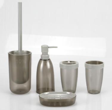 Bamboo soap dispenser bottle，AS，grey，Soap dispenser bottle 7.5 * 19 cm;
Toothbrush holder 7.5 * 12 cm;
Mouthwash cup 7.5 * 12 cm;
Soap dish 13 * 9.8 * 2.8 cm;
Toilet brush 9 * 36 cm