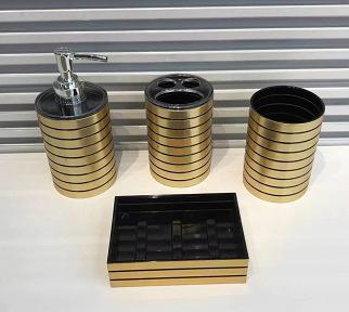 Four-piece set，AS + hot stamping，golden，Soap dispenser bottle 7.3 * 16 cm;
Toothbrush holder 7.3 * 10.8 cm;
Mouthwash cup 7.3 * 10.5 cm;
Soap 12.2 * 8.3 * 3.3 cm