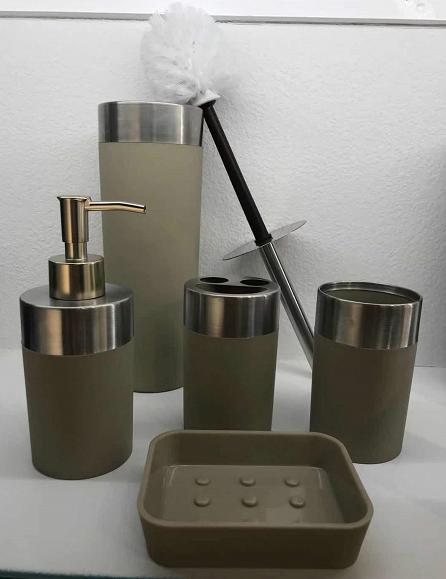Soap dispenser bottle，ABS+ rubber paint+304 stainless steel
，cream-coloured，Soap dispenser bottle of 6.5 * 17.5 cm;
Toothbrush holder 6.5 x 11 cm;
Mouthwash cup 6.5 x 11 cm;
Soap dish of 11.7 * 8.7 * 2.8 cm;
Toilet brush 8.8 * 38 cm