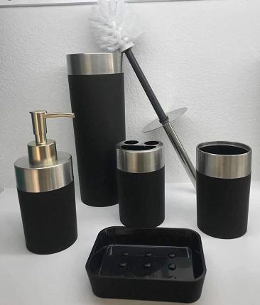 Soap dispenser bottle，ABS+ rubber paint+311 stainless steel，black，Soap dispenser bottle of 6.5 * 17.5 cm;
Toothbrush holder 6.5 x 11 cm;
Mouthwash cup 6.5 x 11 cm;
Soap dish of 11.7 * 8.7 * 2.8 cm;
Toilet brush 8.8 * 38 cm
