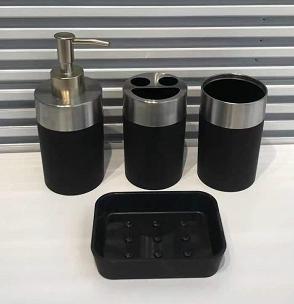 Toothbrush holder，ABS+ rubber paint+312 stainless steel，black，Soap dispenser bottle of 6.5 * 17.5 cm;
Toothbrush holder 6.5 x 11 cm;
Mouthwash cup 6.5 x 11 cm;
Soap dish of 11.7 * 8.7 * 2.8 cm