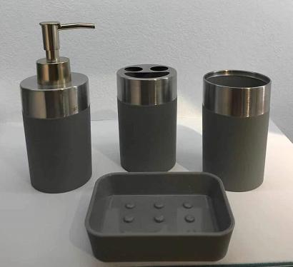 Soap dish，ABS+ rubber paint+319 stainless steel，grey，Soap dispenser bottle of 6.5 * 17.5 cm;
Toothbrush holder 6.5 x 11 cm;
Mouthwash cup 6.5 x 11 cm;
Soap dish of 11.7 * 8.7 * 2.8 cm