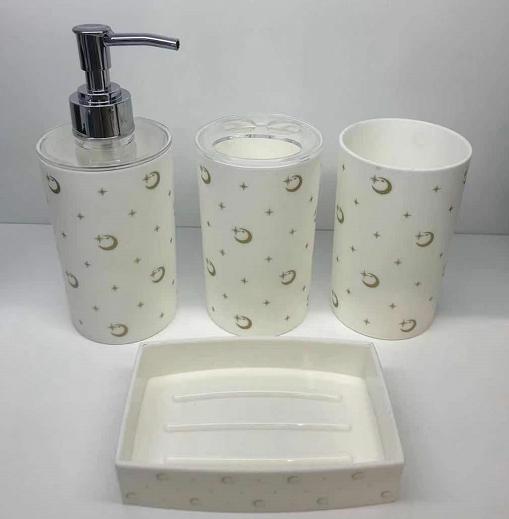Five-piece set，PS，white，Soap dispenser bottle 7 * 17.5 cm;
Toothbrush holder 7 * 11.5 cm;
Mouthwash cup 7 * 11.2 cm;
Soap dish of 12.4 * 8.6 * 2.8 cm
