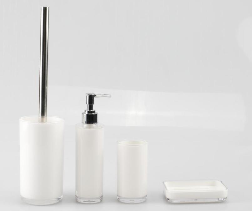 Soap dispenser bottle，PS，white，Soap dispenser bottle 5.5 * 21 cm;
Mouthwash cup 6 * 11.5 cm;
Soap dish of 11.8 * 8 * 2.5 cm;
Toilet brush 8 * 37 cm